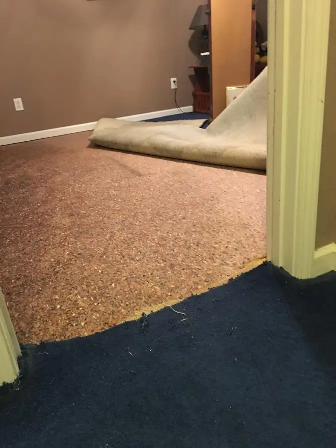 Carpet pad removal revealing water damage during Drying & Dehumidification in Chena Ridge